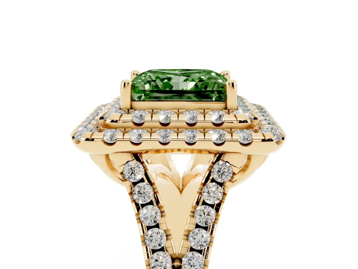 Fancy Green Double Halo Princess Cut Diamond Pavé Split Shank Ring with Prong Setting Yellow gold