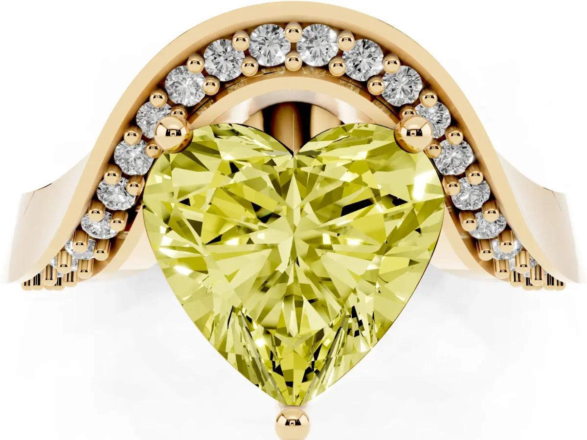 Fancy Yellow Heart Cut Solitaire Diamond Engagement Ring with Pave Band and Four-Prong Setting Yellow gold
