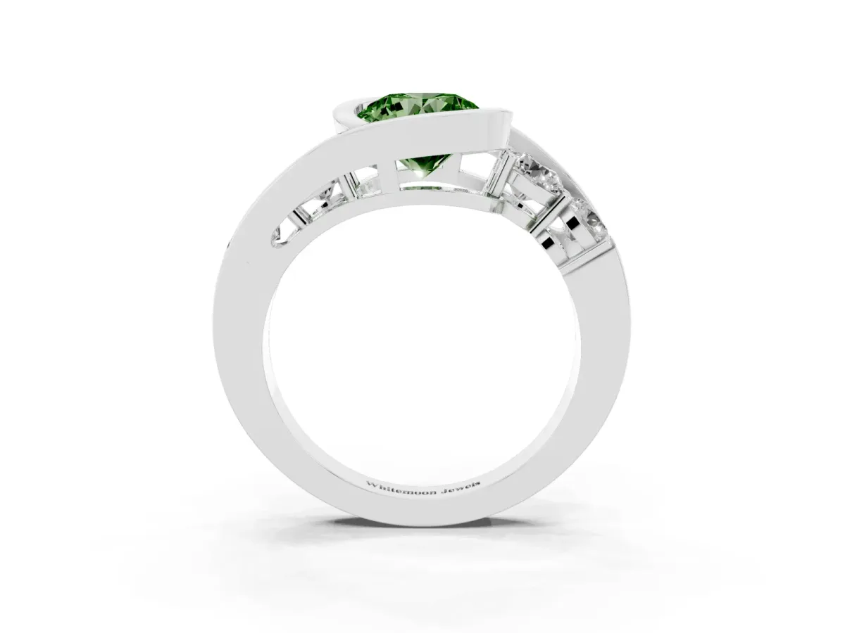 Fancy Green Bezel Set Round Cut Diamond Bypass Ring with Round Accents Silver