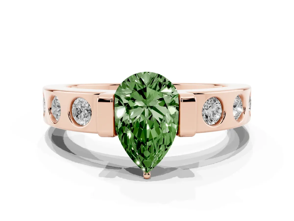Fancy Green Pear Cut Brilliant Channel-Set Diamond Ring with Bezel Prong Setting Rose gold