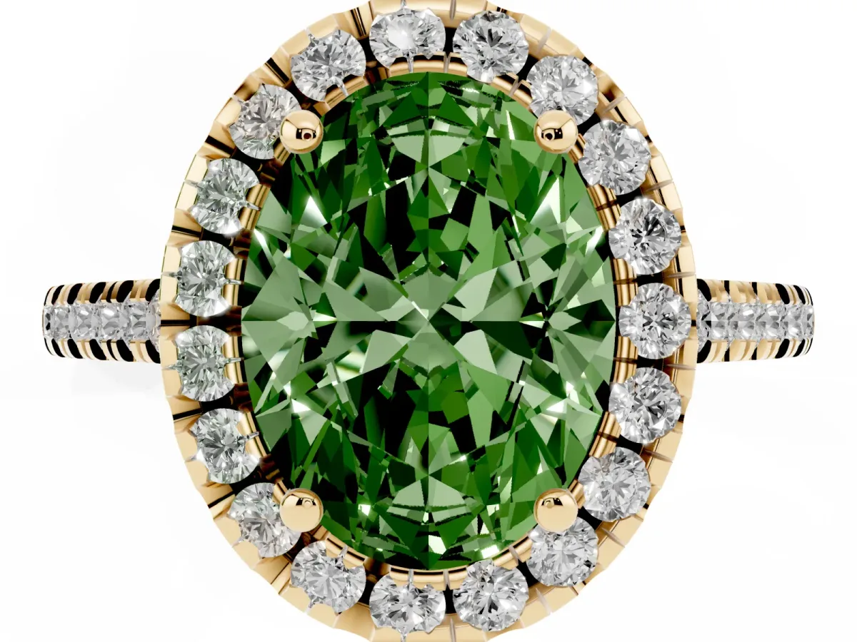 Fancy Green Oval Cut Diamond Cushion Halo Ring with Pavé Band Yellow gold