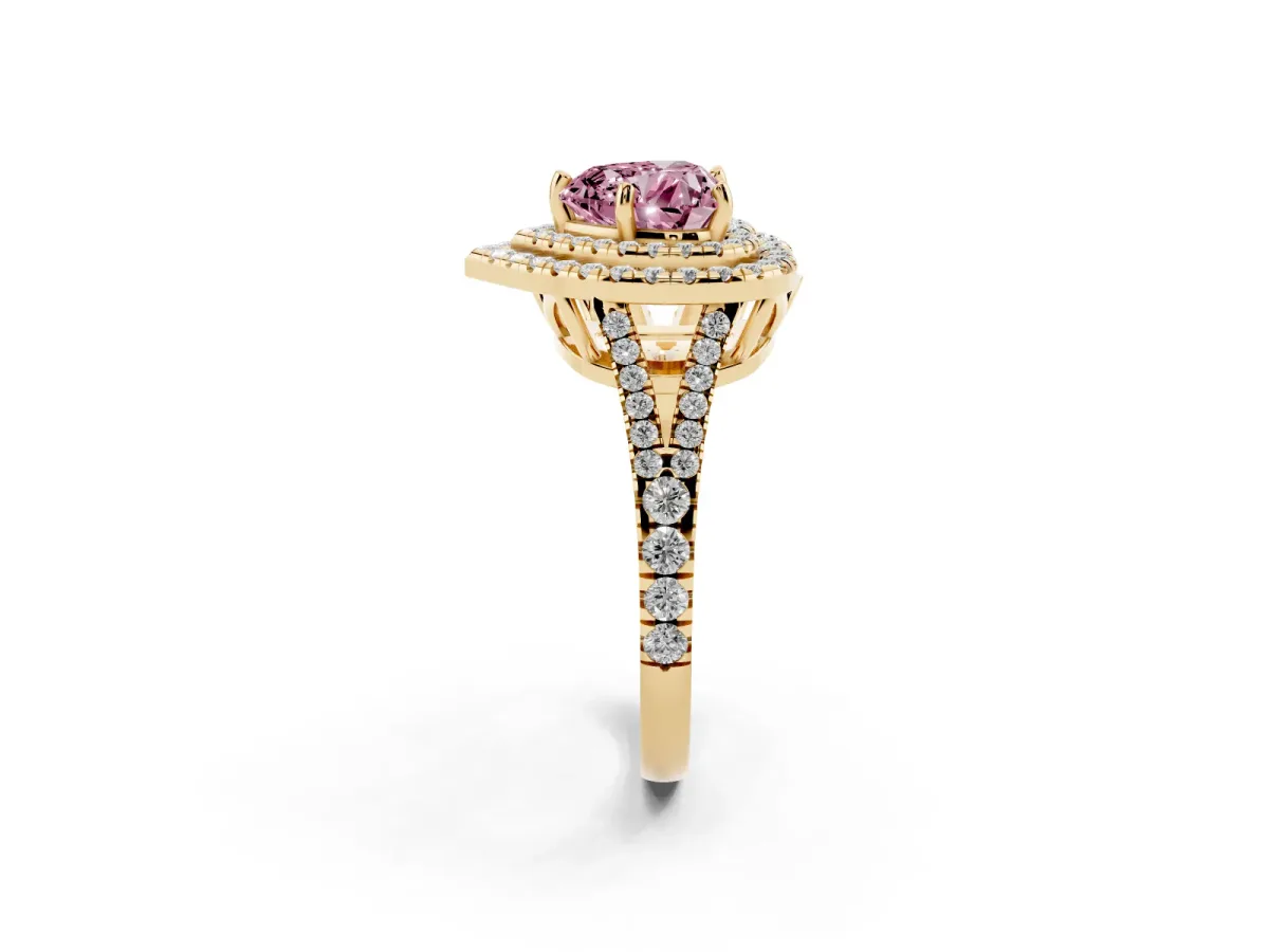 Fancy Pink Heart Cut Diamond Double Halo Ring with Pavé Band and Prong Setting Yellow gold