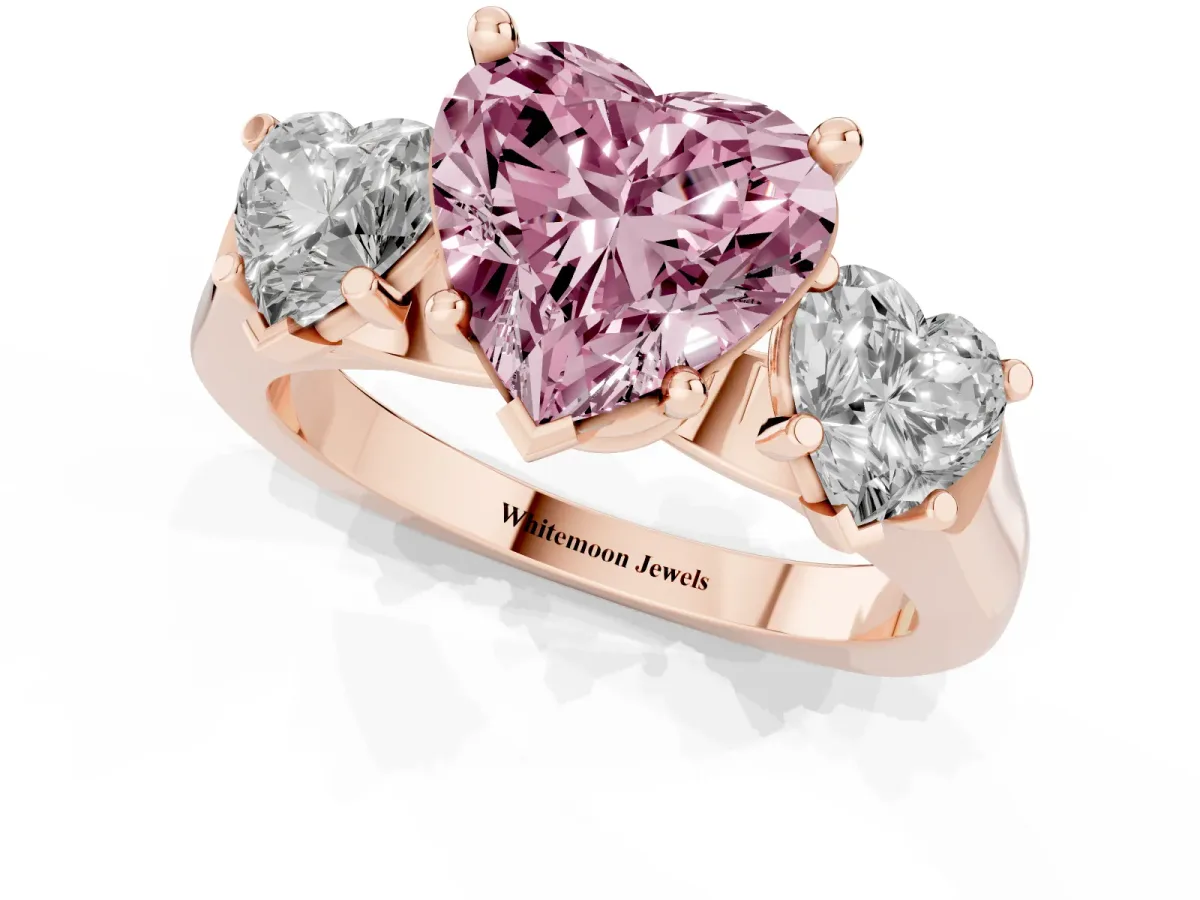 Fancy Pink Three-Stone Heart Cut Brilliant Diamond Trellis Ring with Comfort Fit Band Rose gold