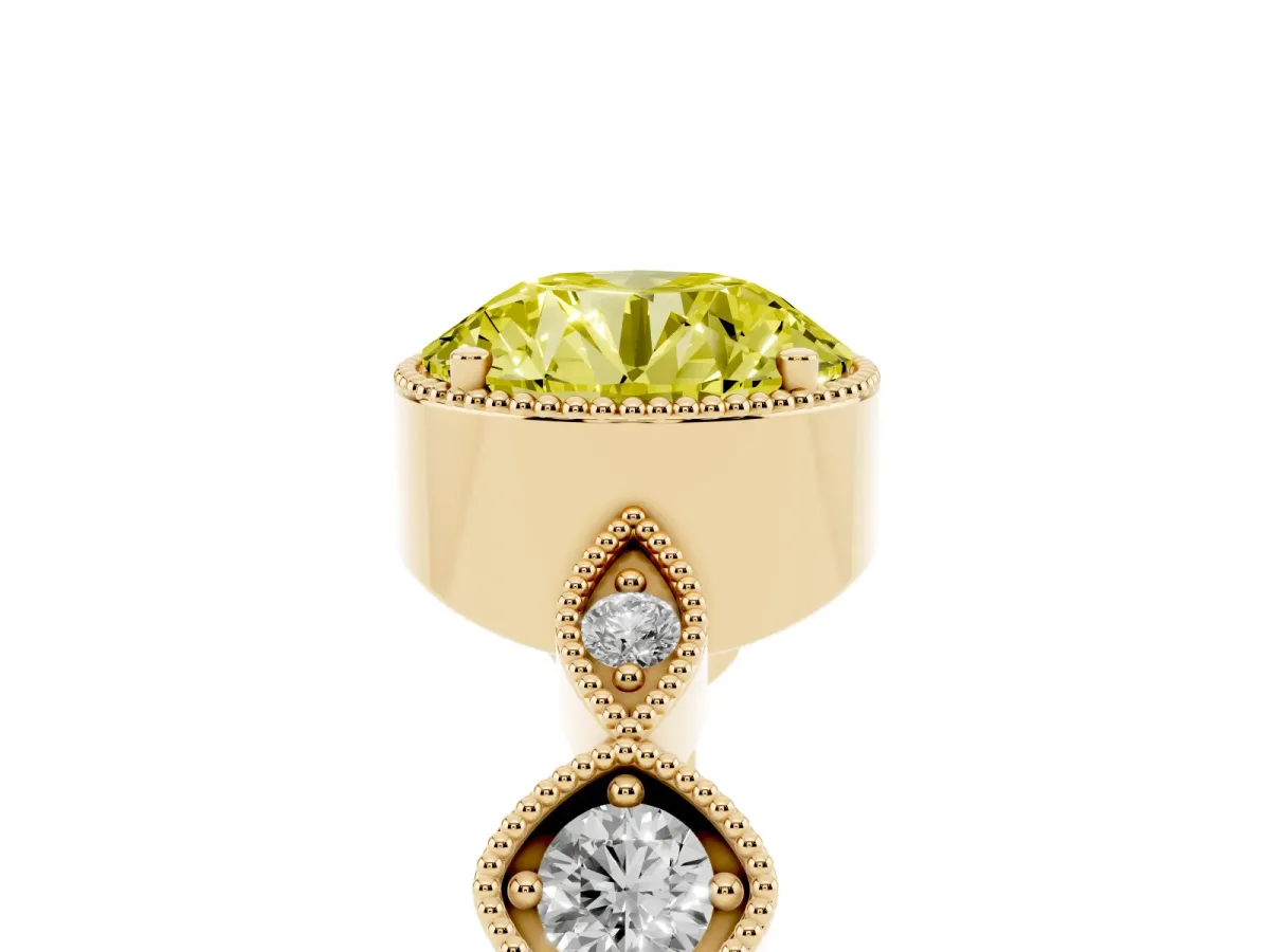 Fancy Yellow Round Cut Diamond Vintage Milgrain Ring with Round Stations Yellow gold
