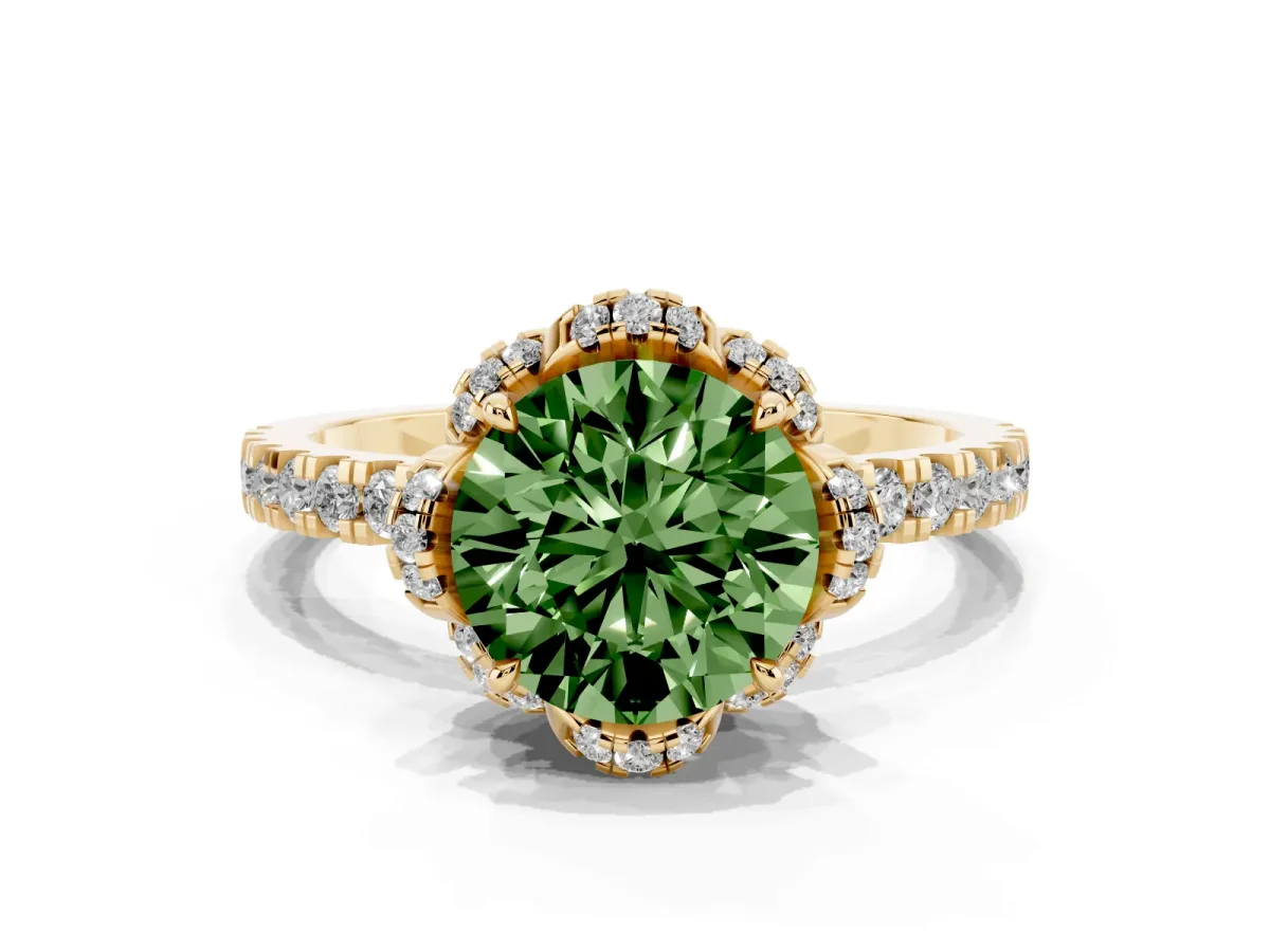 Fancy Green Round Cut Halo Diamond Pave Band Ring with Four-Prong Setting Yellow gold