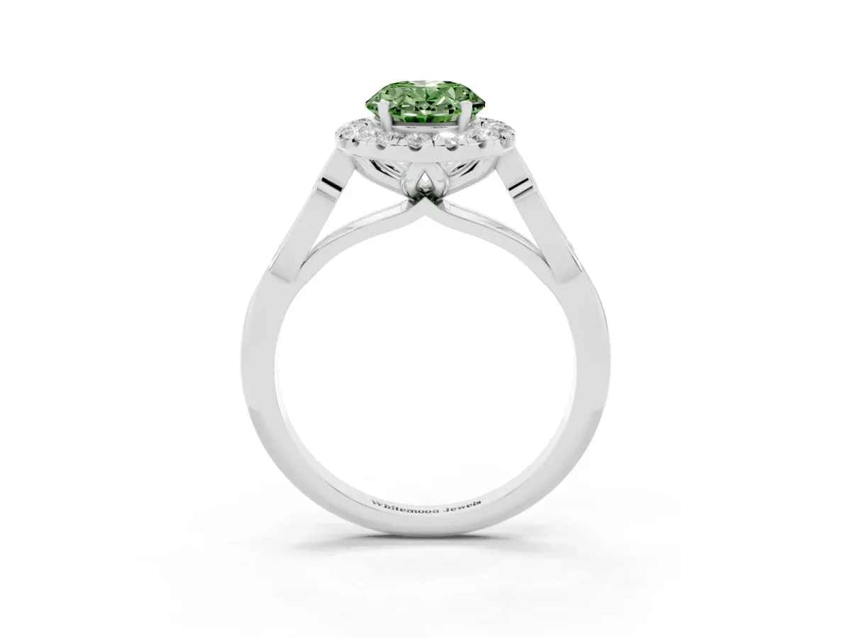 Fancy Green Oval Cut Halo Diamond Engagement Ring with Filigree Band and Four-Prong Setting Platinum