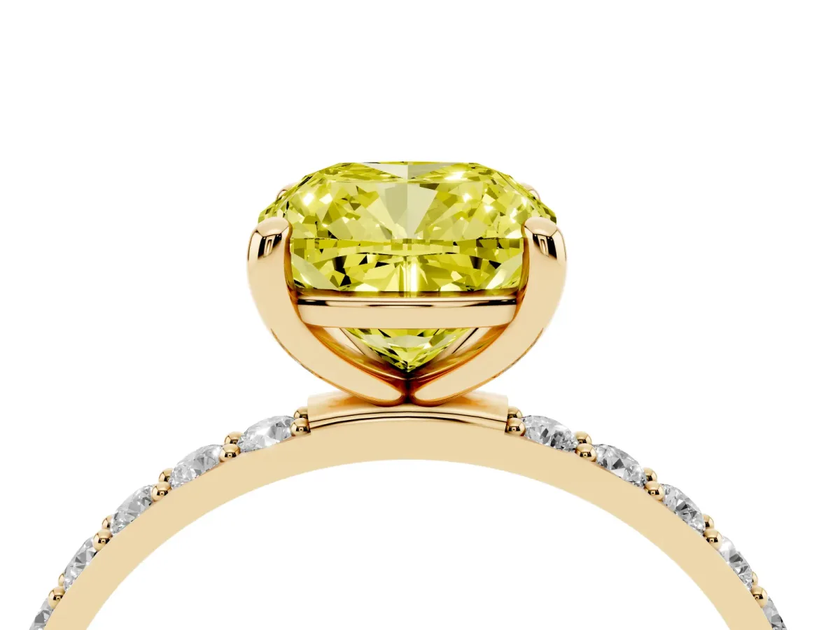 Fancy Yellow Cushion Cut Diamond Solitaire Ring with Round Pavé Band and Prong Setting Yellow gold