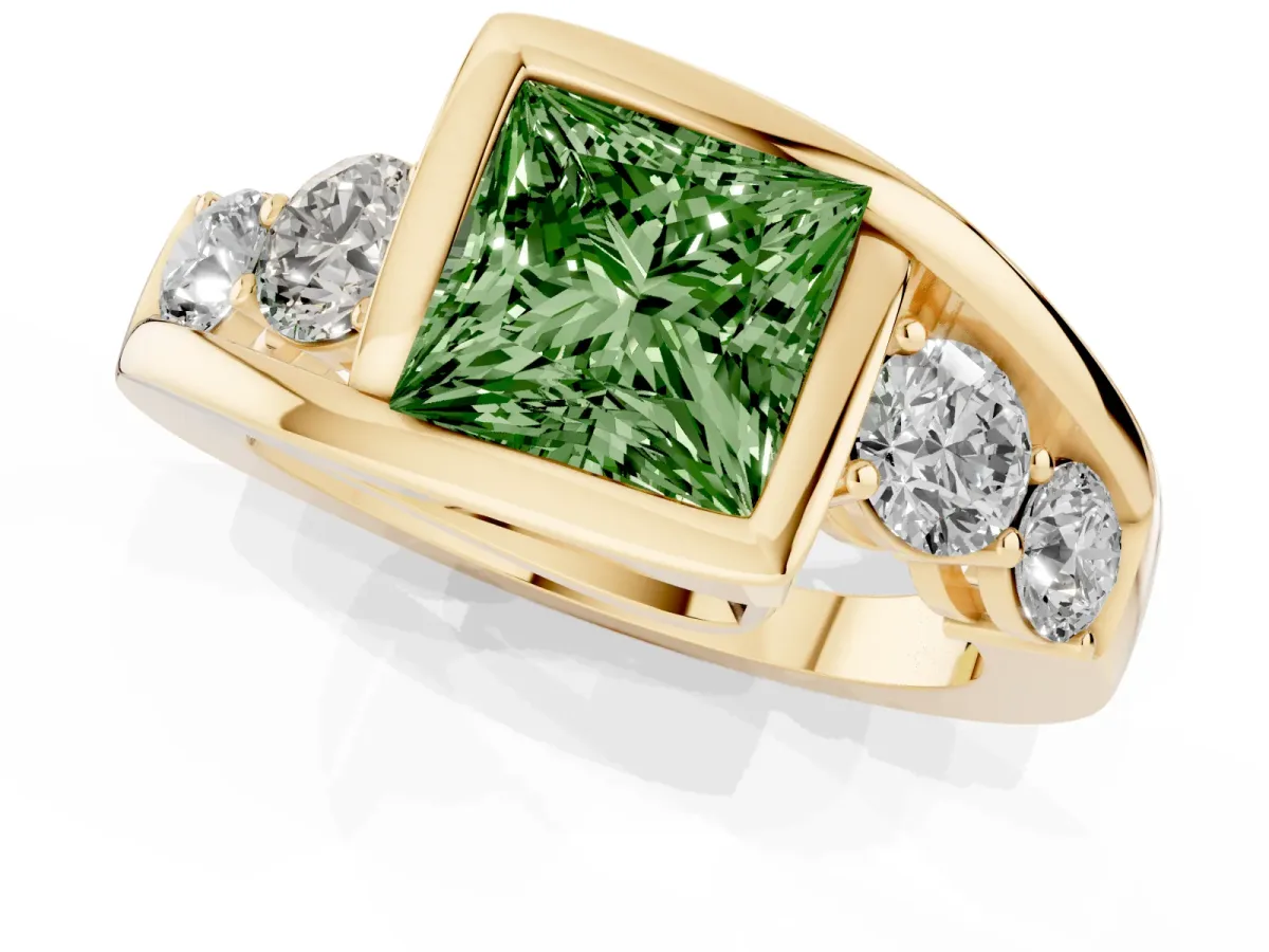 Fancy Green Bezel Set Princess Cut Diamond Bypass Ring with Round Accents Yellow gold