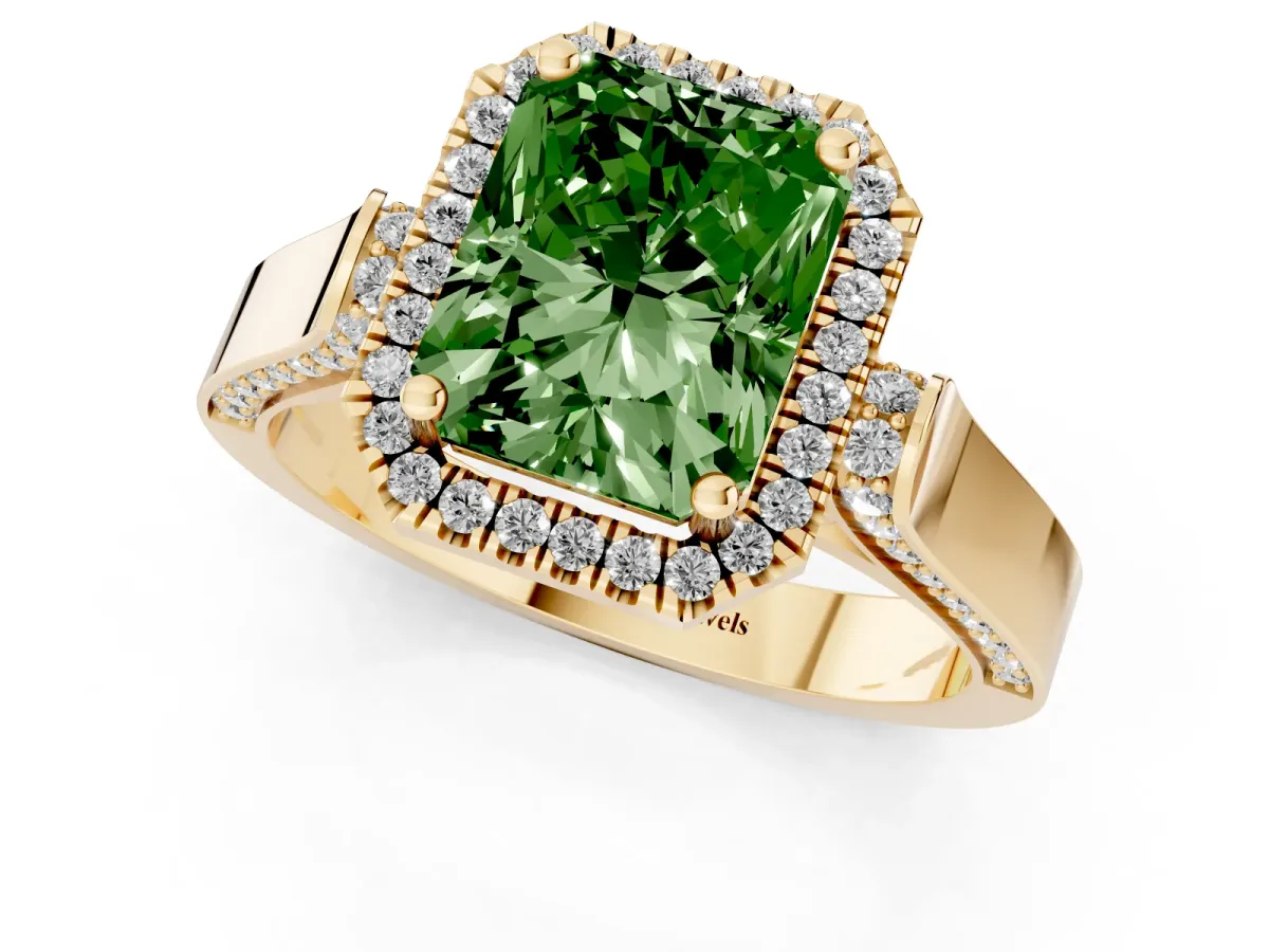 Fancy Green Radiant Cut Halo Round Diamond Twist Band with Four-Prong Setting Yellow gold
