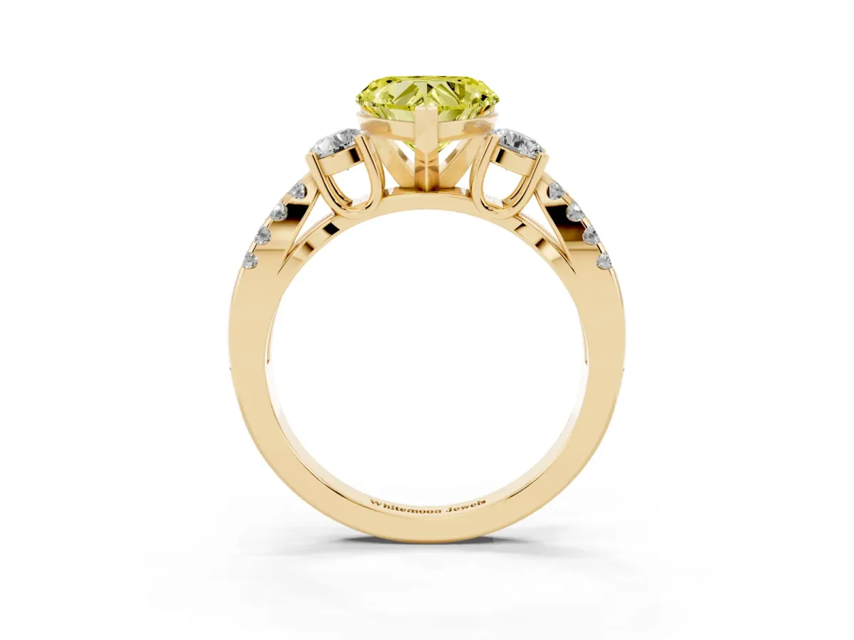 Fancy Yellow Heart Cut Diamond Three-Stone Ring with Pavé Split Shank and Four-Prong Setting Yellow gold