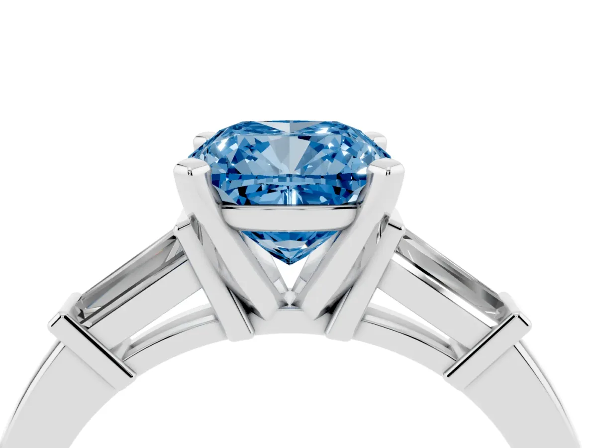 Fancy Blue Cushion Cut Cut Diamond Solitaire Ring with Tapered Baguette Accents and Four-Prong Setting Silver