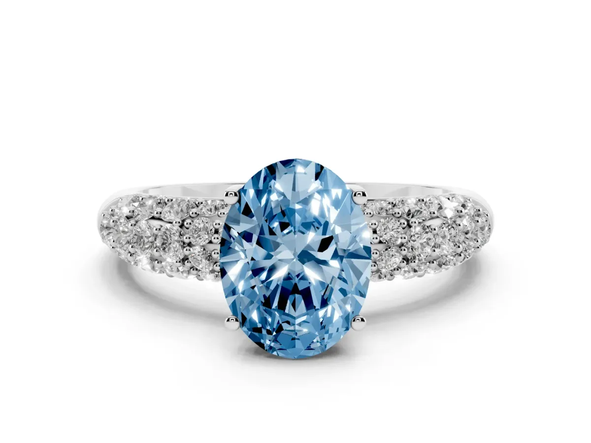 Fancy Blue Oval Cut Diamond Pavé Band Solitaire Ring with Four-Prong Setting Silver