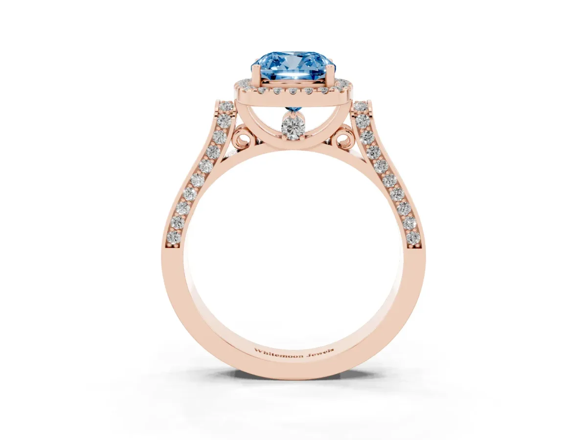Fancy Blue Cushion Cut Halo Pave Split Shank Prong Setting Ring Rose gold
