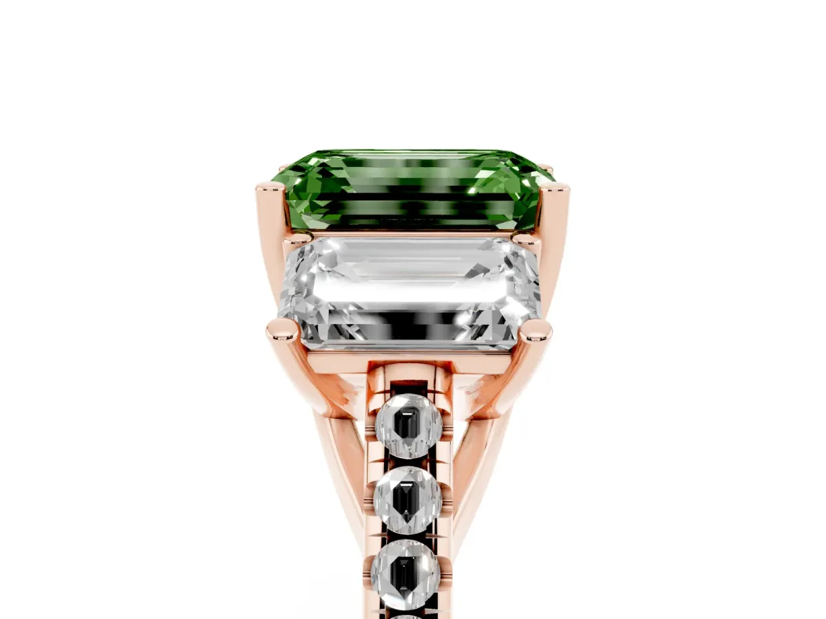 Fancy Green Three-Stone Emerald Cut Diamond Ring with Round Pavé Band and Prong Setting Rose gold