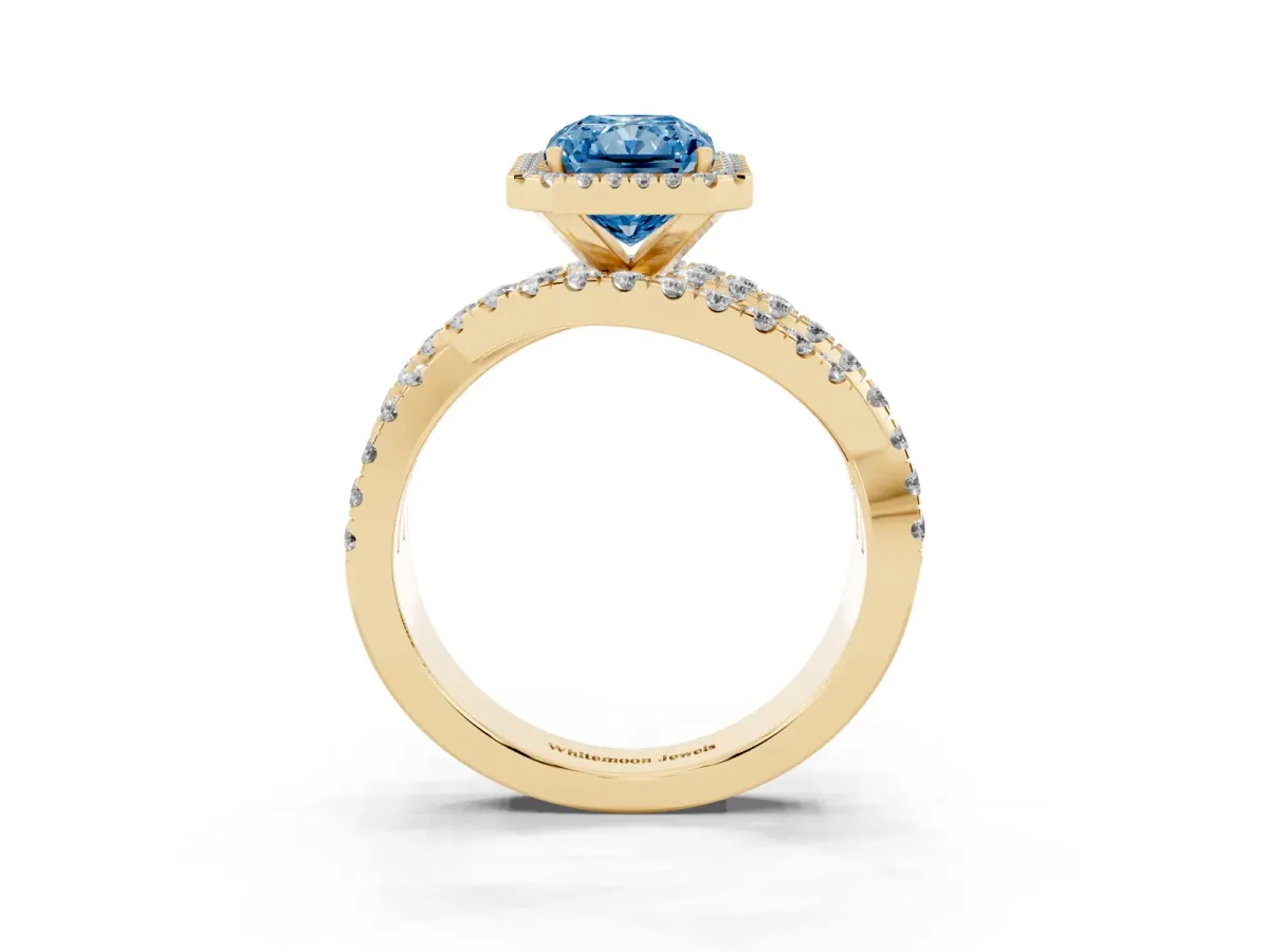 Fancy Blue Radiant Cut Diamond Halo Ring with Round Split Shank and Prong Setting Yellow gold