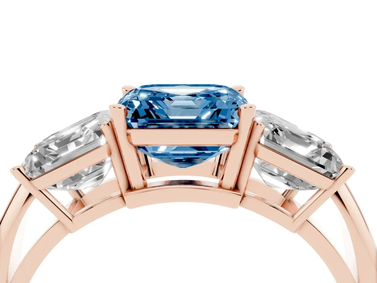 Fancy Blue Three-Stone Asscher Cut Cut Diamond Engagement Ring with Prong Setting on a White Gold Band Rose gold
