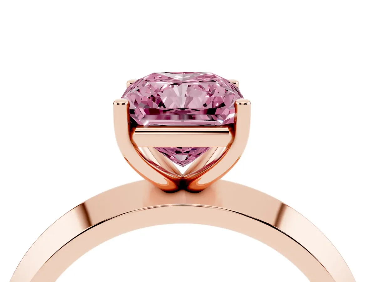 Fancy Pink Radiant Cut Cut Solitaire Engagement Ring with Flat Band and Four-Prong Setting Rose gold