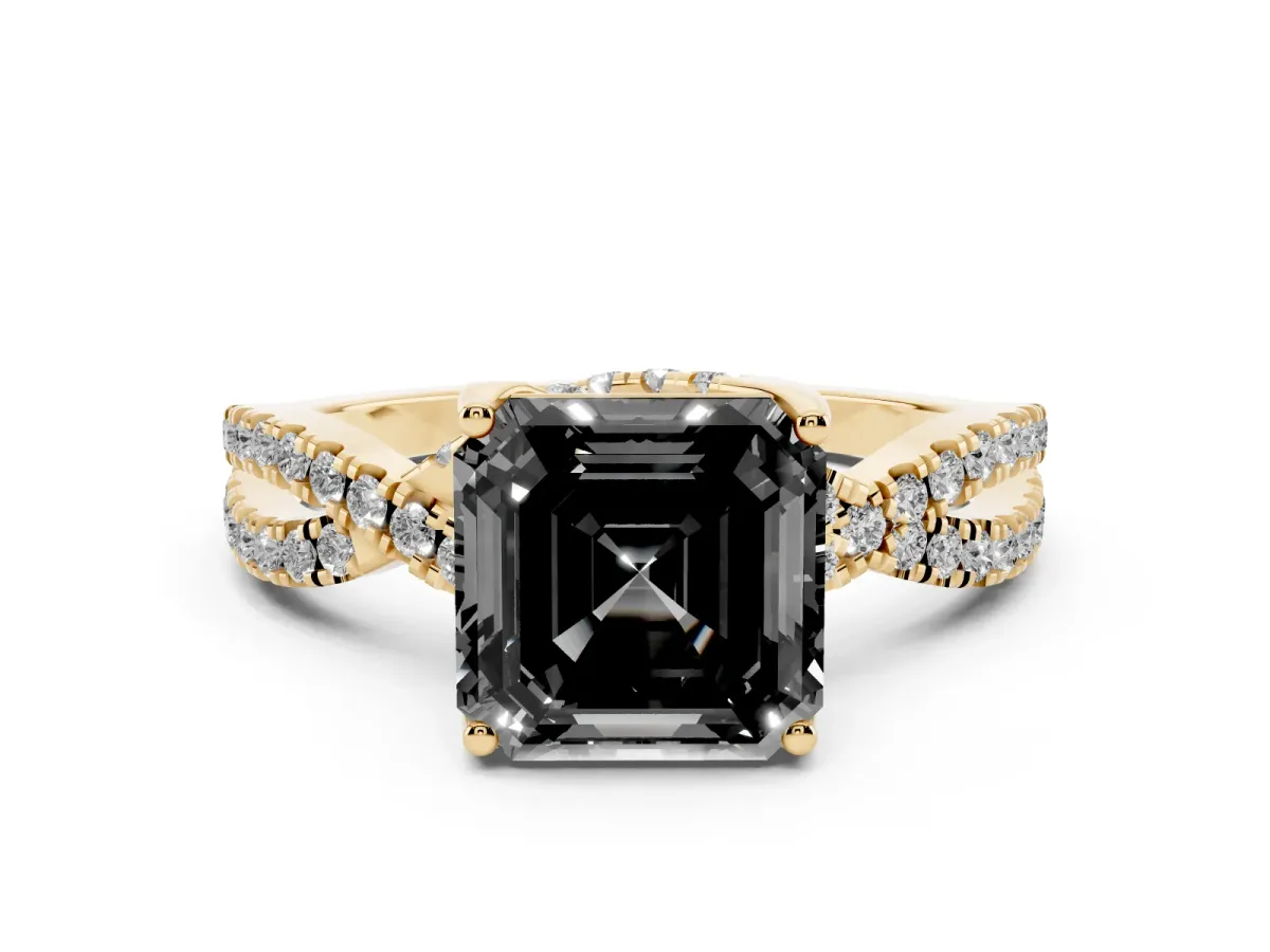 Fancy Black Asscher Cut Solitaire Twist Pave Diamond Engagement Ring with Prong Setting Yellow gold
