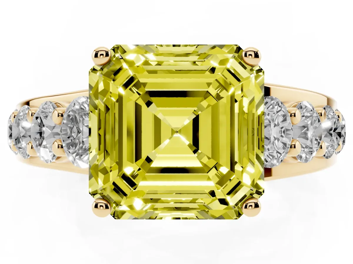 Fancy Yellow Asscher Cut Diamond Engagement Ring with Pavé Band and Four-Prong Setting Yellow gold