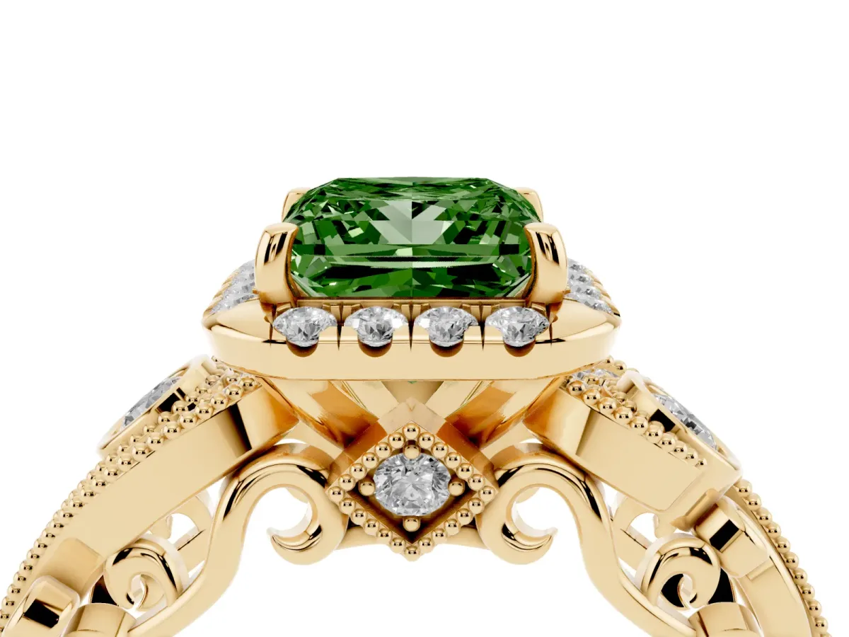 Fancy Green Princess Cut Diamond Halo Ring with Milgrain Pavé Band and Four-Prong Setting Yellow gold