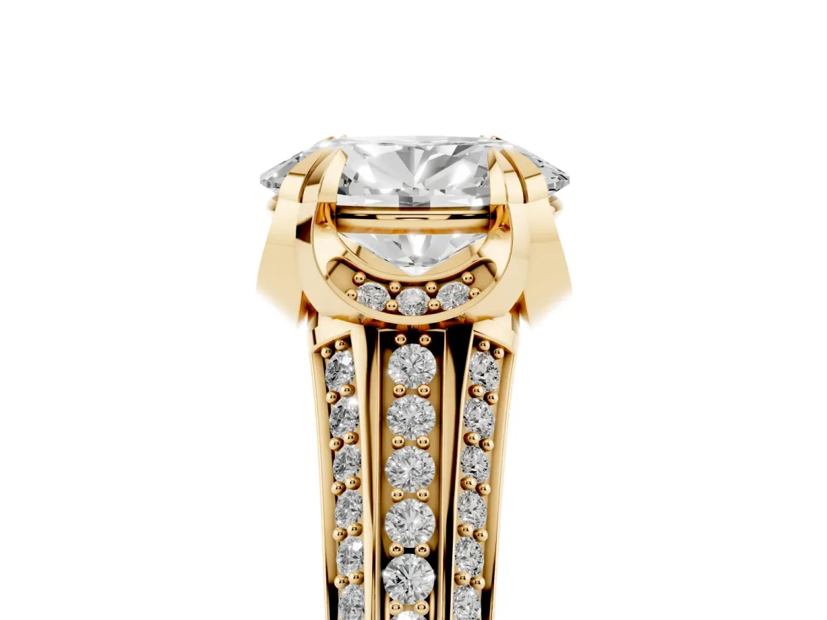 Oval Cut Solitaire Pave Split Shank Ring with Four-Prong Setting Yellow gold