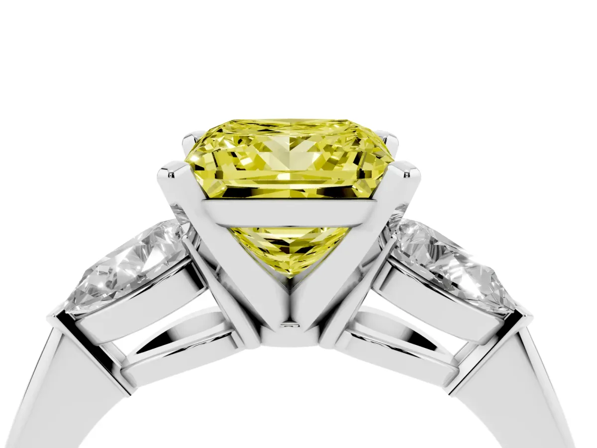 Fancy Yellow Three-Stone Princess Cut Diamond Ring with Pear Side Stones and Four-Prong Setting Silver