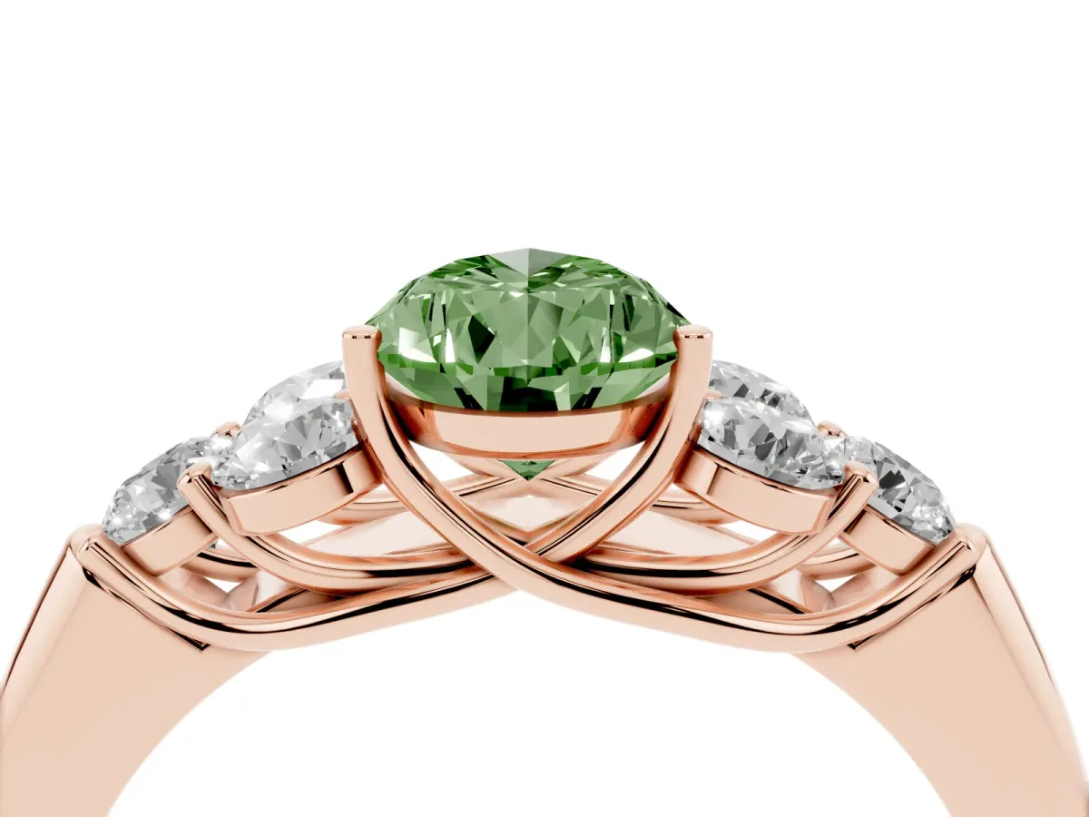 Fancy Green Pear Cut Cut Diamond Cluster Ring with Round Accent Stones and Prong Setting on a Classic Band Rose gold