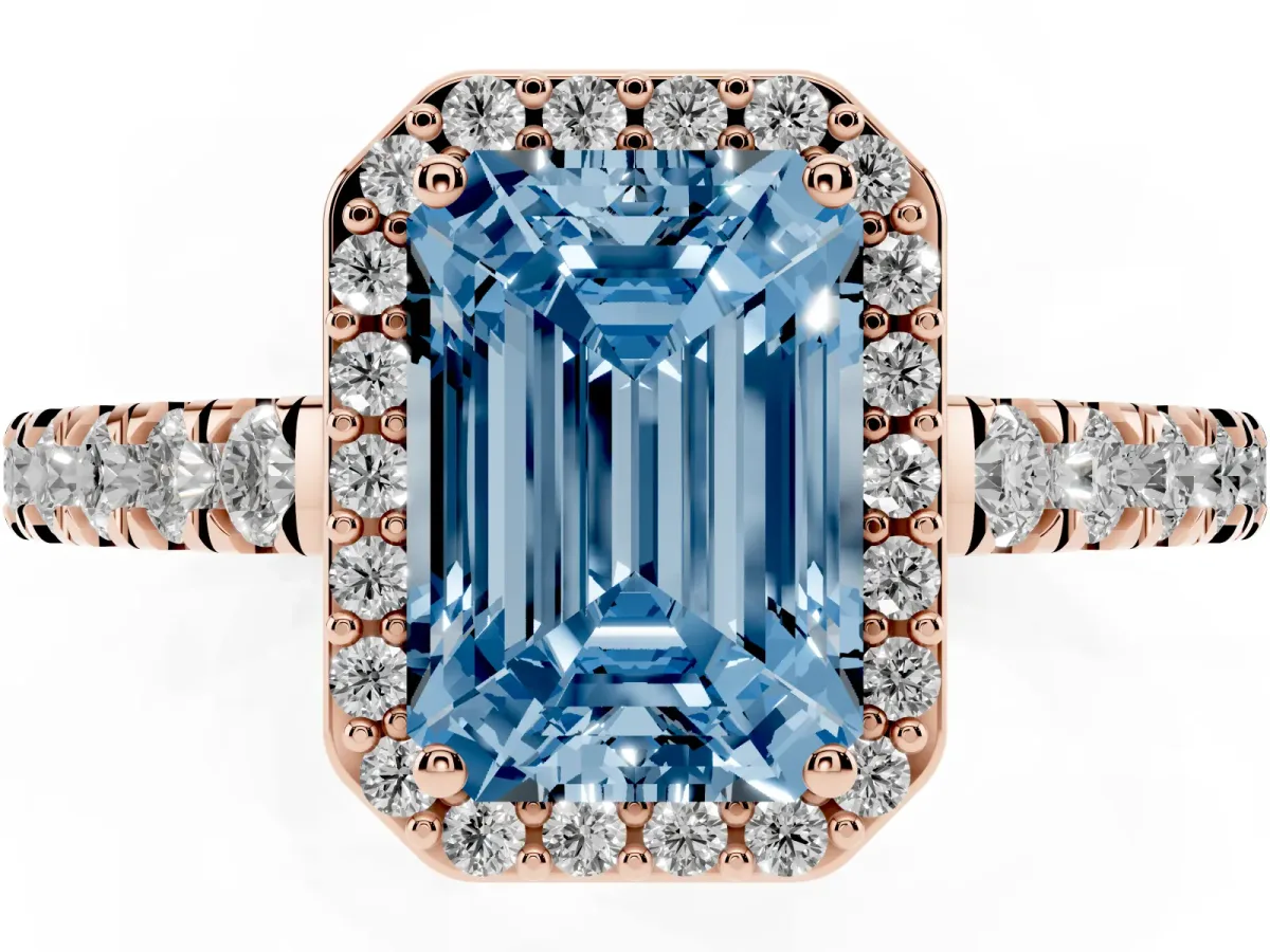 Fancy Blue Emerald Cut Cut Halo Diamond Engagement Ring with Pave Band and Four-Prong Setting Rose gold