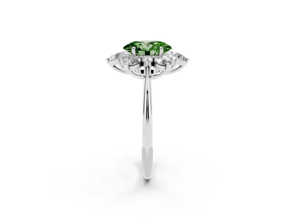 Fancy Green Oval Cut Diamond Cluster Halo Ring with Solitaire Band and Four-Prong Setting Silver