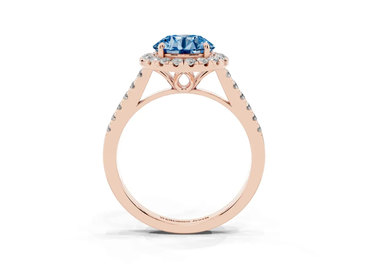 Fancy Blue Round Cut Halo Pavé Diamond Engagement Ring with Four-Prong Setting Rose gold
