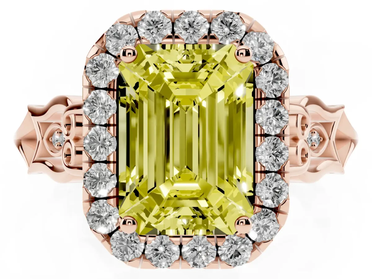 Fancy Yellow Emerald Cut Halo Diamond Engagement Ring with Filigree Band and Four-Prong Setting Rose gold