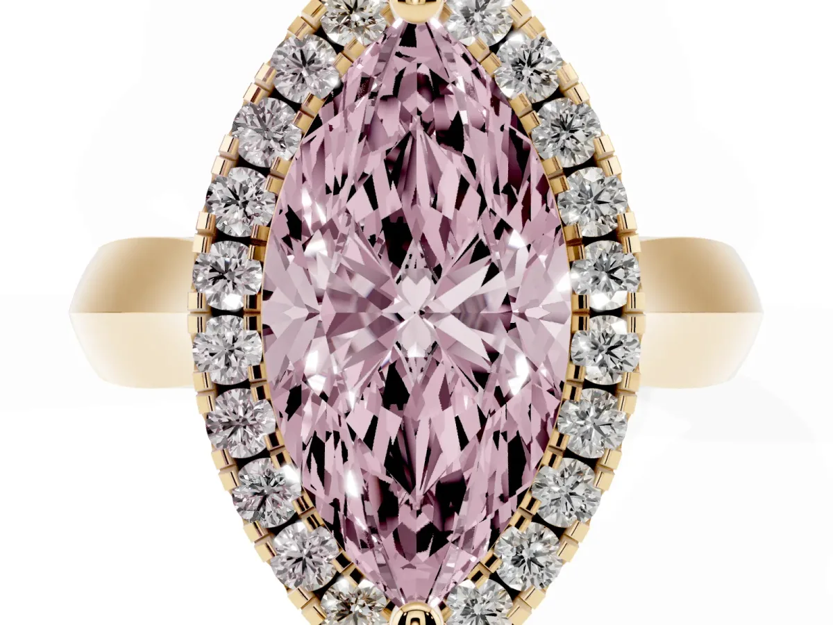 Fancy Pink Marquise Cut Cut Halo Solitaire Engagement Ring with Square Band and Four-Prong Setting Yellow gold
