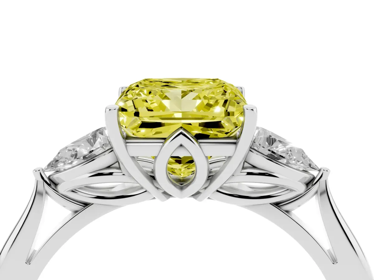 Fancy Yellow Three-Stone Princess Cut Diamond Ring with Pear Side Stones in Four-Prong Setting Silver