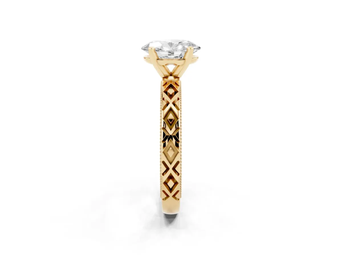 Oval Cut Solitaire Diamond Ring with Milgrain and Black Enamel X Pattern Band Yellow gold