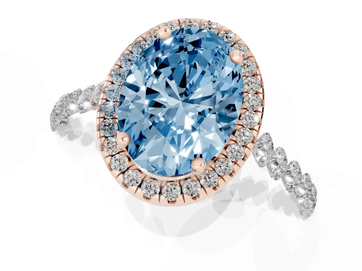 Fancy Blue Oval Cut Halo Pavé Diamond Engagement Ring with Four-Prong Setting Rose gold