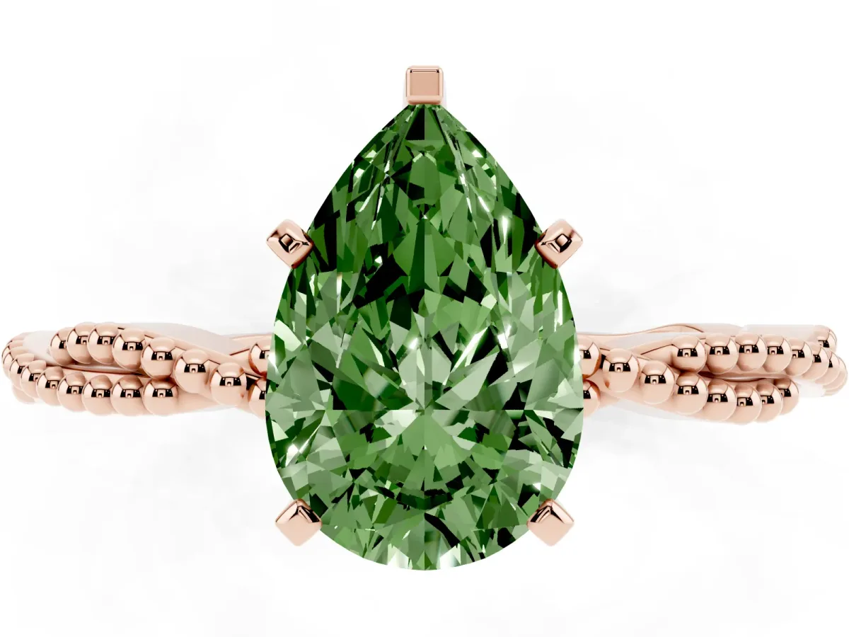 Fancy Green Pear Cut Solitaire Twisted Band with Bead Prong Setting Rose gold