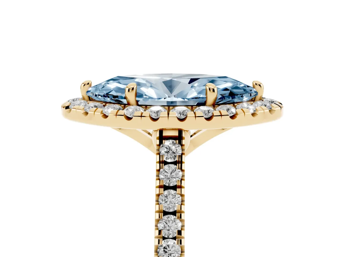 Fancy Blue Marquise Cut Diamond Cushion Halo Ring with Pavé Band Yellow gold