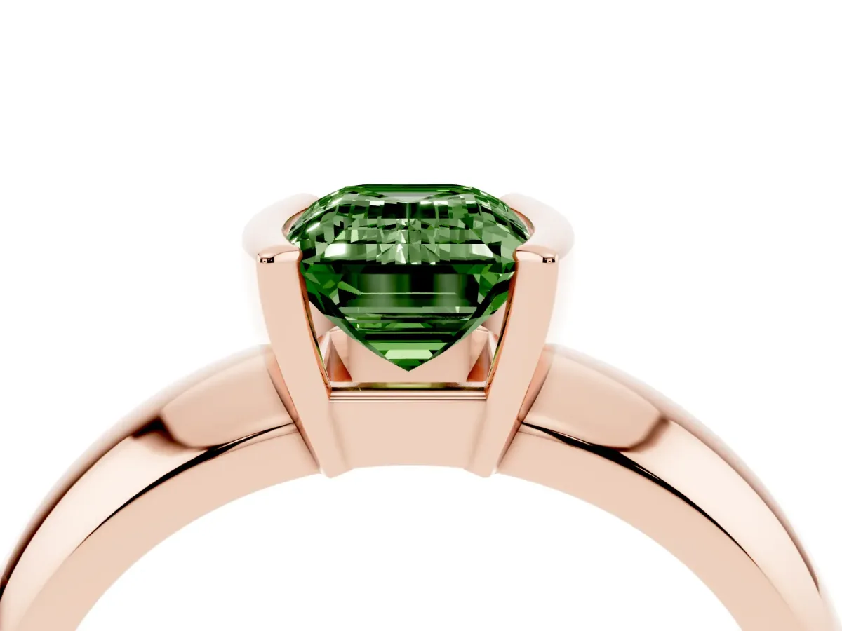 Fancy Green Emerald Cut Solitaire Tension Set Diamond Ring with Wide Band Rose gold