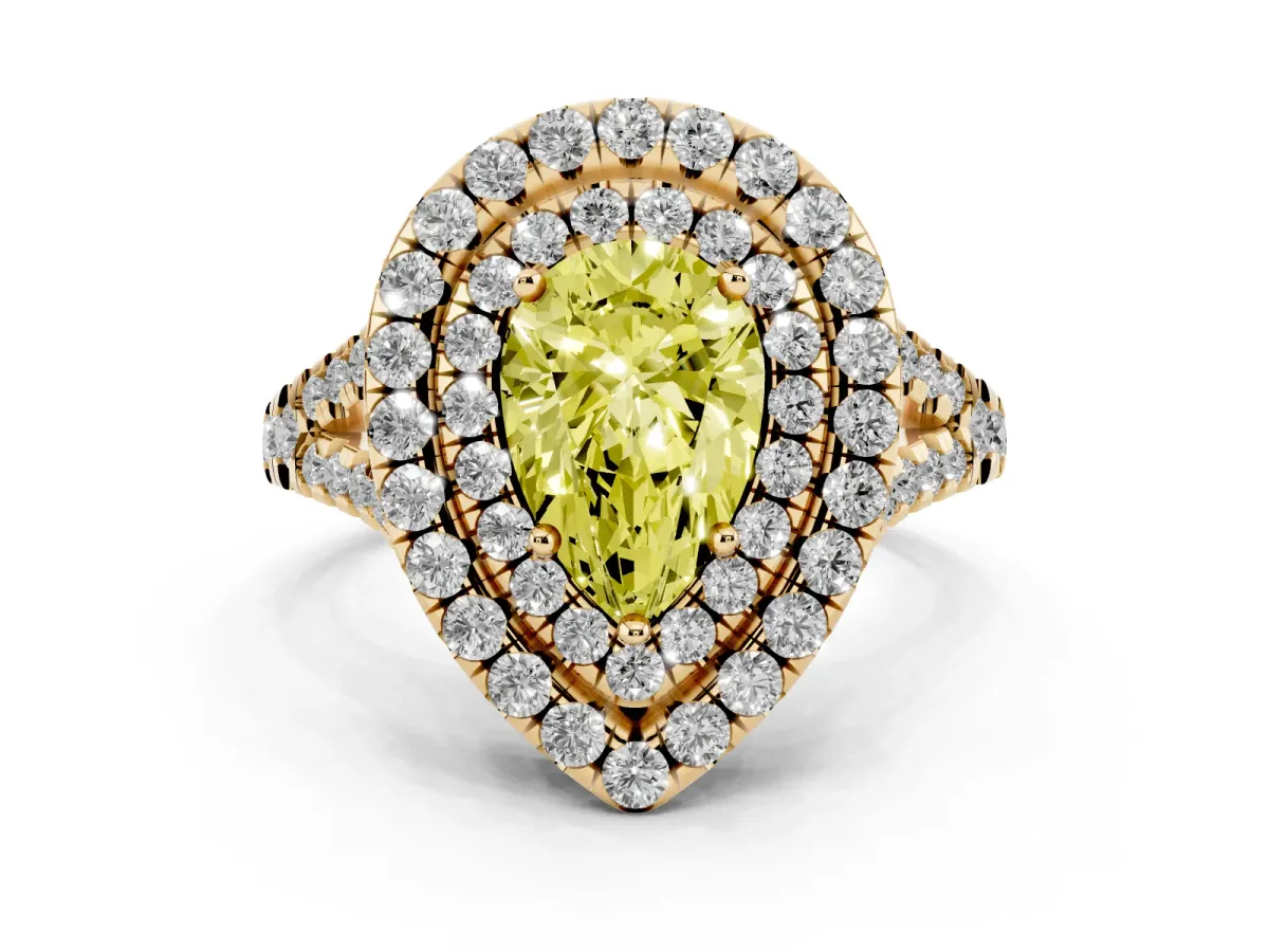 Fancy Yellow Double Halo Pear Cut Diamond Pavé Split Shank Ring with Prong Setting Yellow gold