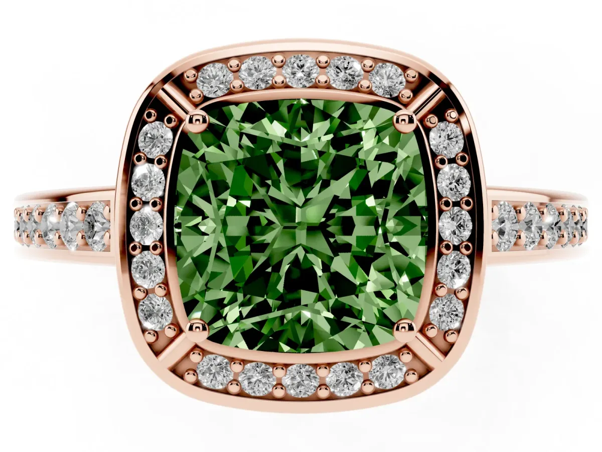 Fancy Green Cushion Cut Cut Halo Pave Split Shank Prong Setting Ring Rose gold