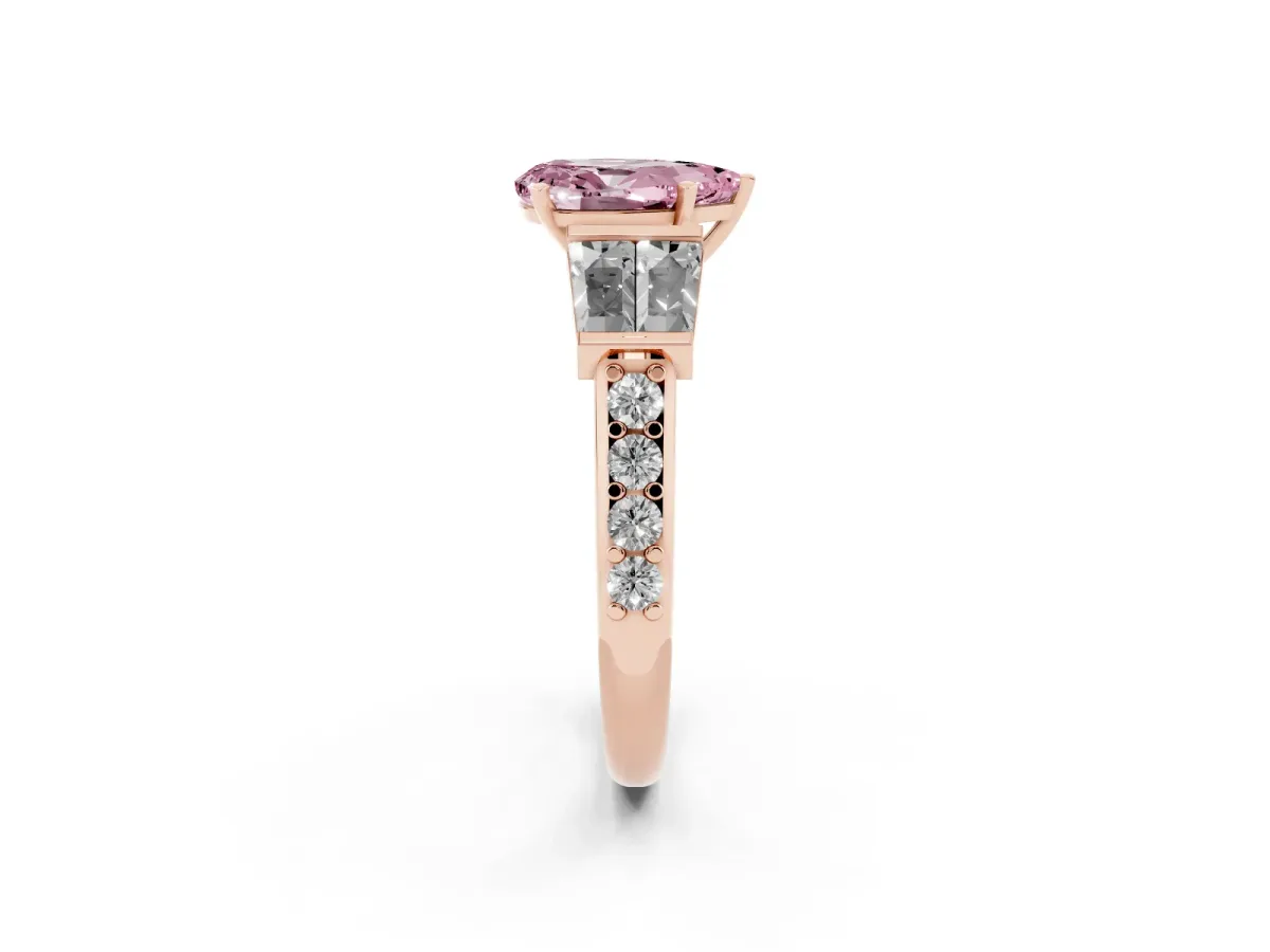 Fancy Pink Pear Cut Diamond Engagement Ring with Baguette Side Stones and Channel Set Band Rose gold