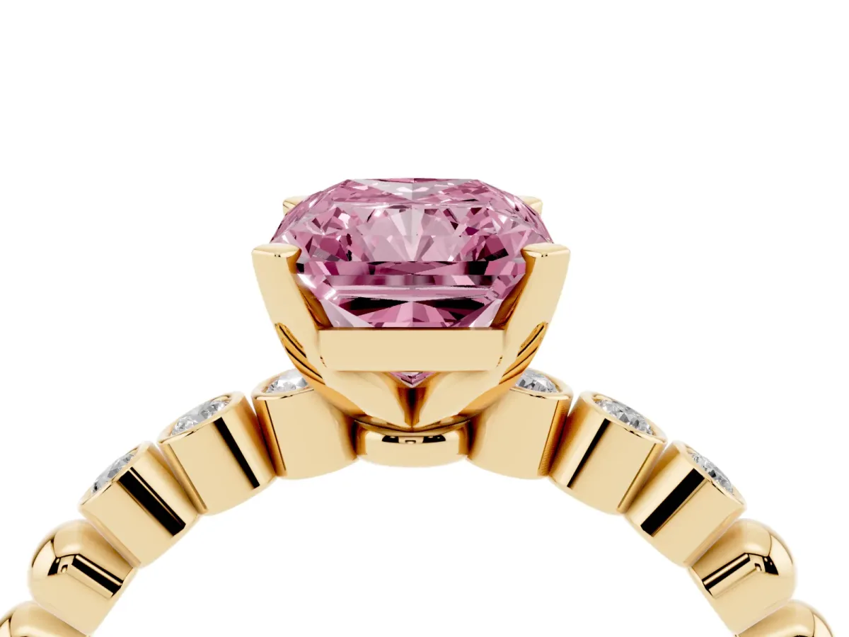 Fancy Pink Radiant Cut Solitaire Bezel Accent Diamond Engagement Ring with Beaded Band and Four-Prong Setting Yellow gold