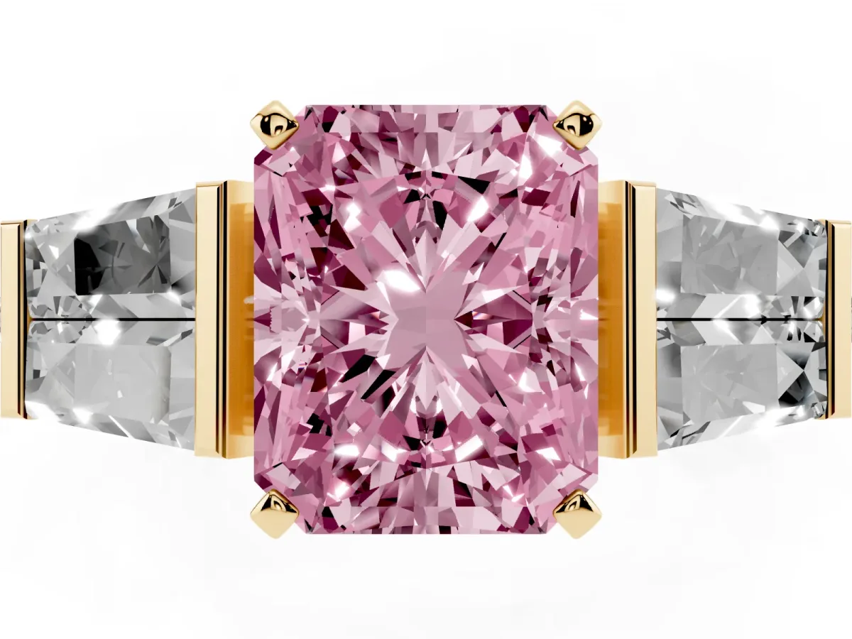 Fancy Pink Radiant Cut Diamond Engagement Ring with Baguette Side Stones and Channel Set Band Yellow gold