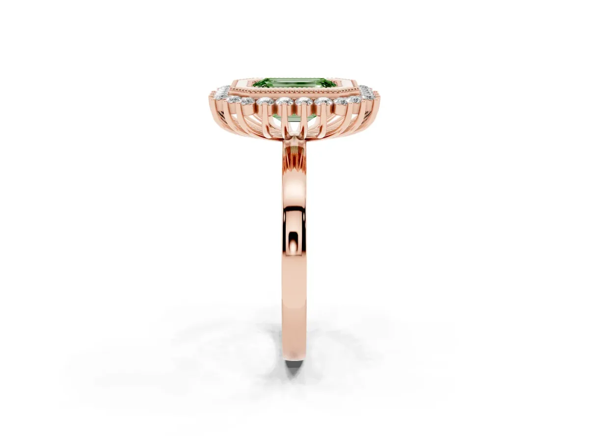 Fancy Green Emerald Cut Halo Diamond Ring with Milgrain Edge and Round Prong Setting Rose gold