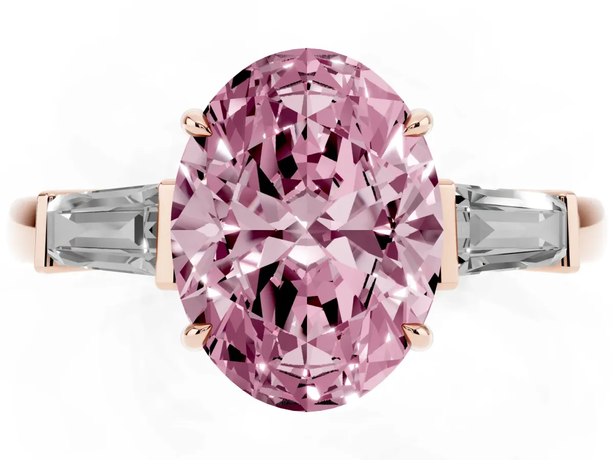 Fancy Pink Oval Cut Diamond Three-Stone Ring with Tapered Baguette Side Stones and Prong Setting Rose gold