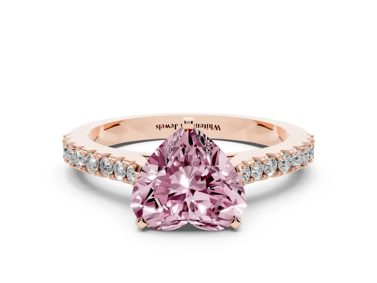 Fancy Pink Heart Cut Cut Solitaire Diamond Engagement Ring with Pave Band and Four-Prong Setting Rose gold