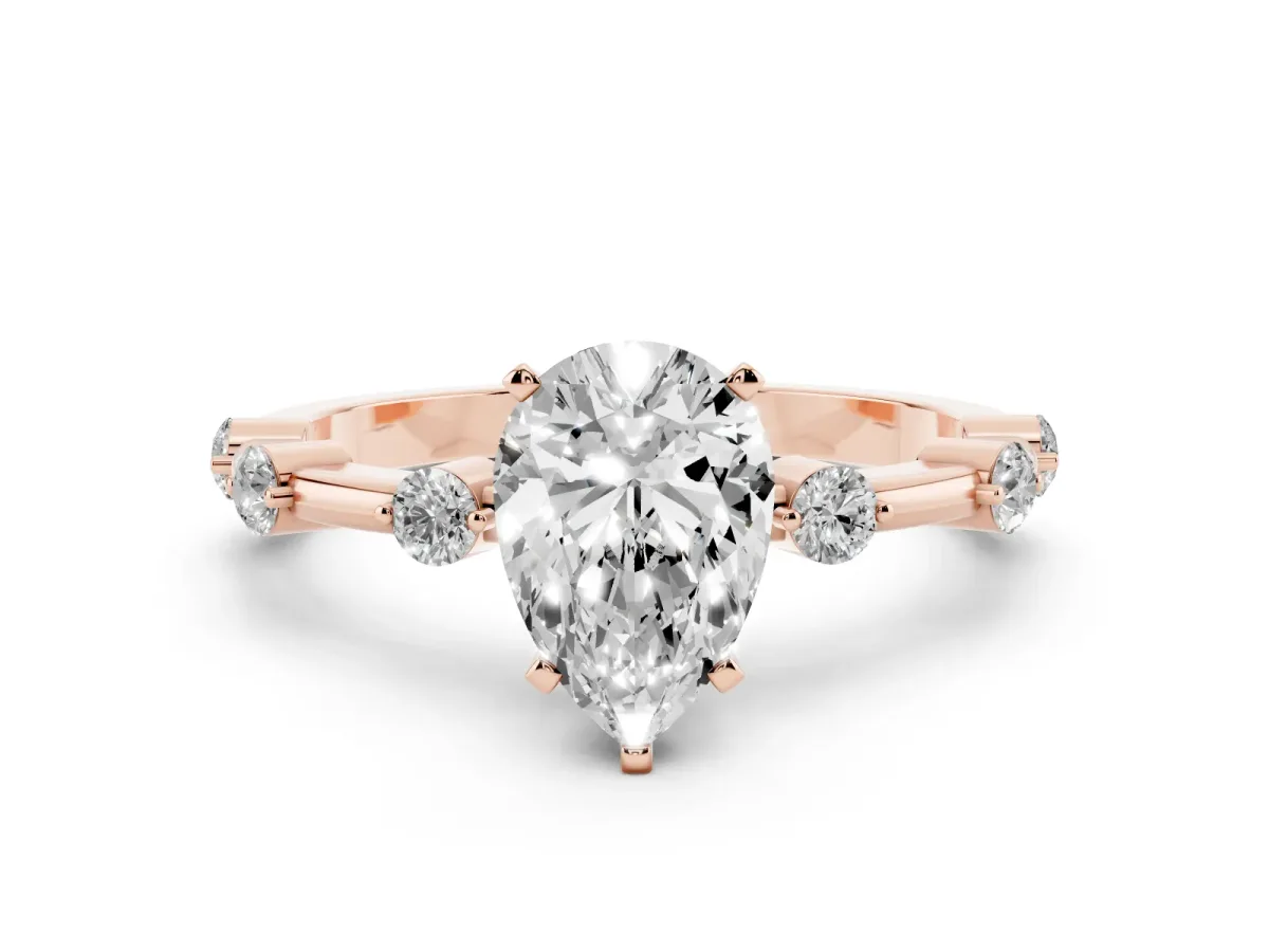 Pear Cut Solitaire Diamond Ring with Bezel Set Side Stones and Prong Setting Rose gold