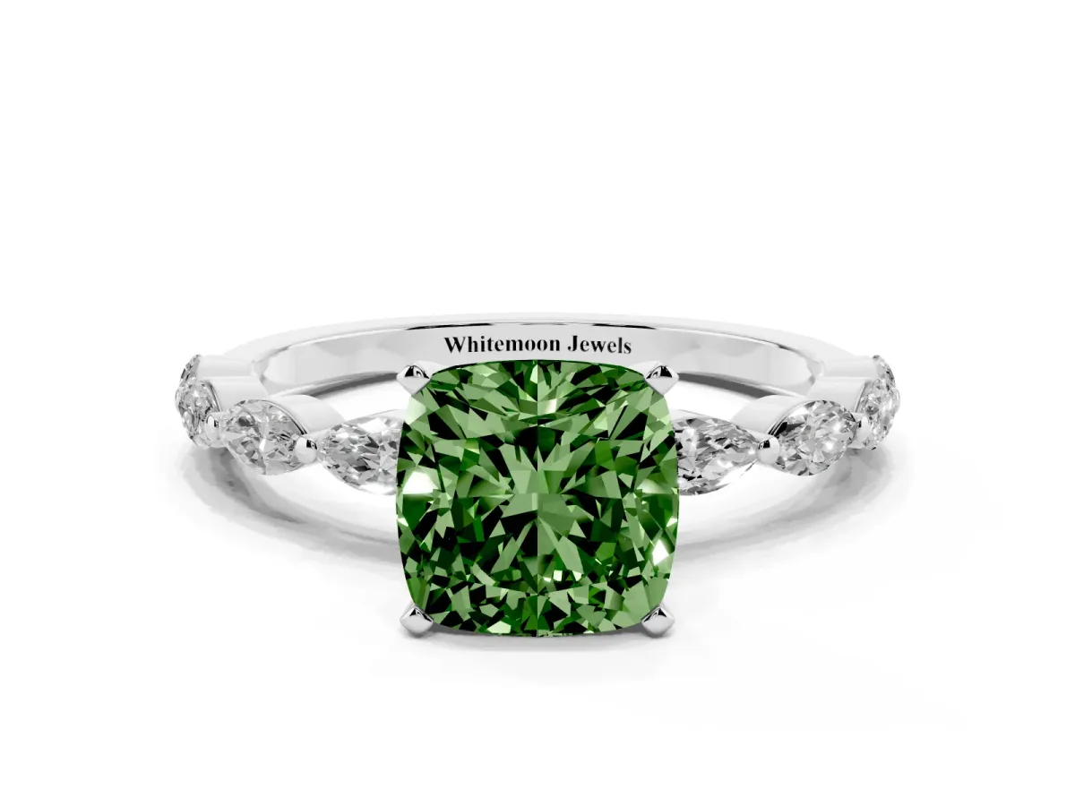 Fancy Green Cushion Cut Diamond Ring with Marquise Side Stones and Prong Setting Platinum