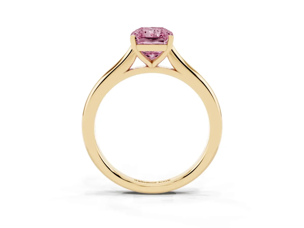 Fancy Pink Radiant Cut Cut Solitaire Ring with Cathedral Band and Four-Prong Setting Yellow gold