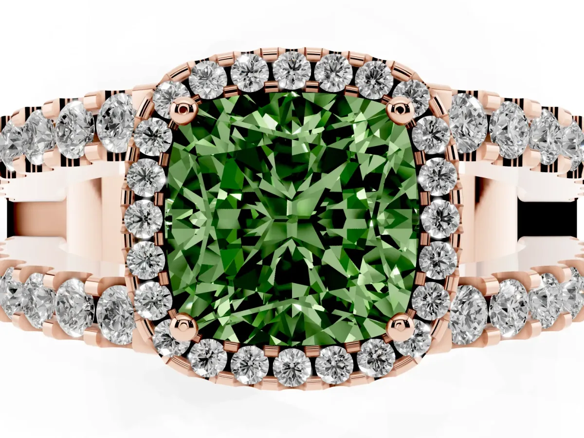 Fancy Green Cushion Cut Cut Halo Split Shank Diamond Ring with Four-Prong Setting Rose gold